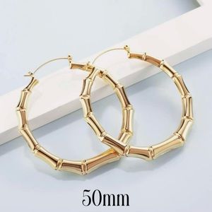 14K Yellow Gold Large Filigree Bamboo Style Hoop Earrings, 50mm